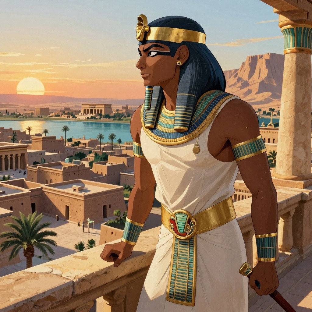 Seqenenre Tao standing on palace terrace overlooking Thebes at sunset