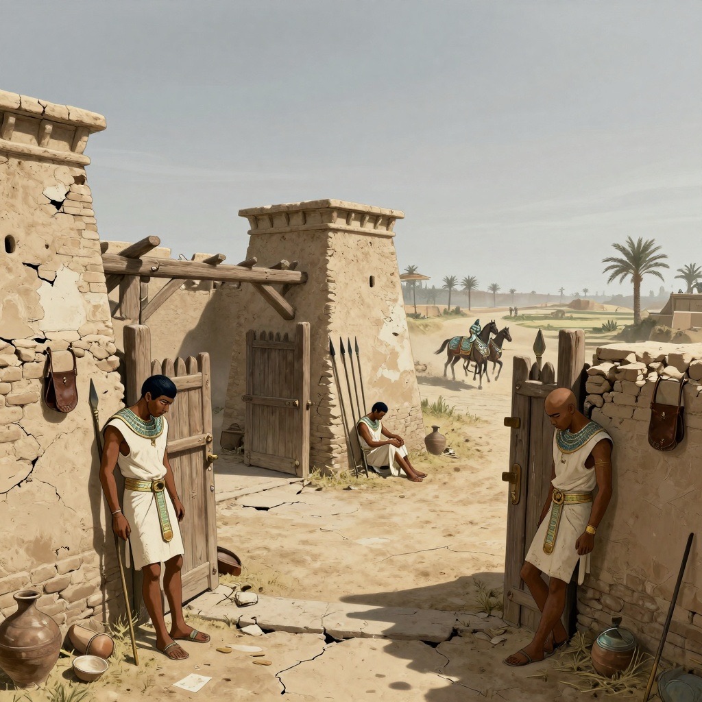 Theban outpost at Egyptian-Hyksos border showing crumbling fortifications and defeated Egyptian soldiers