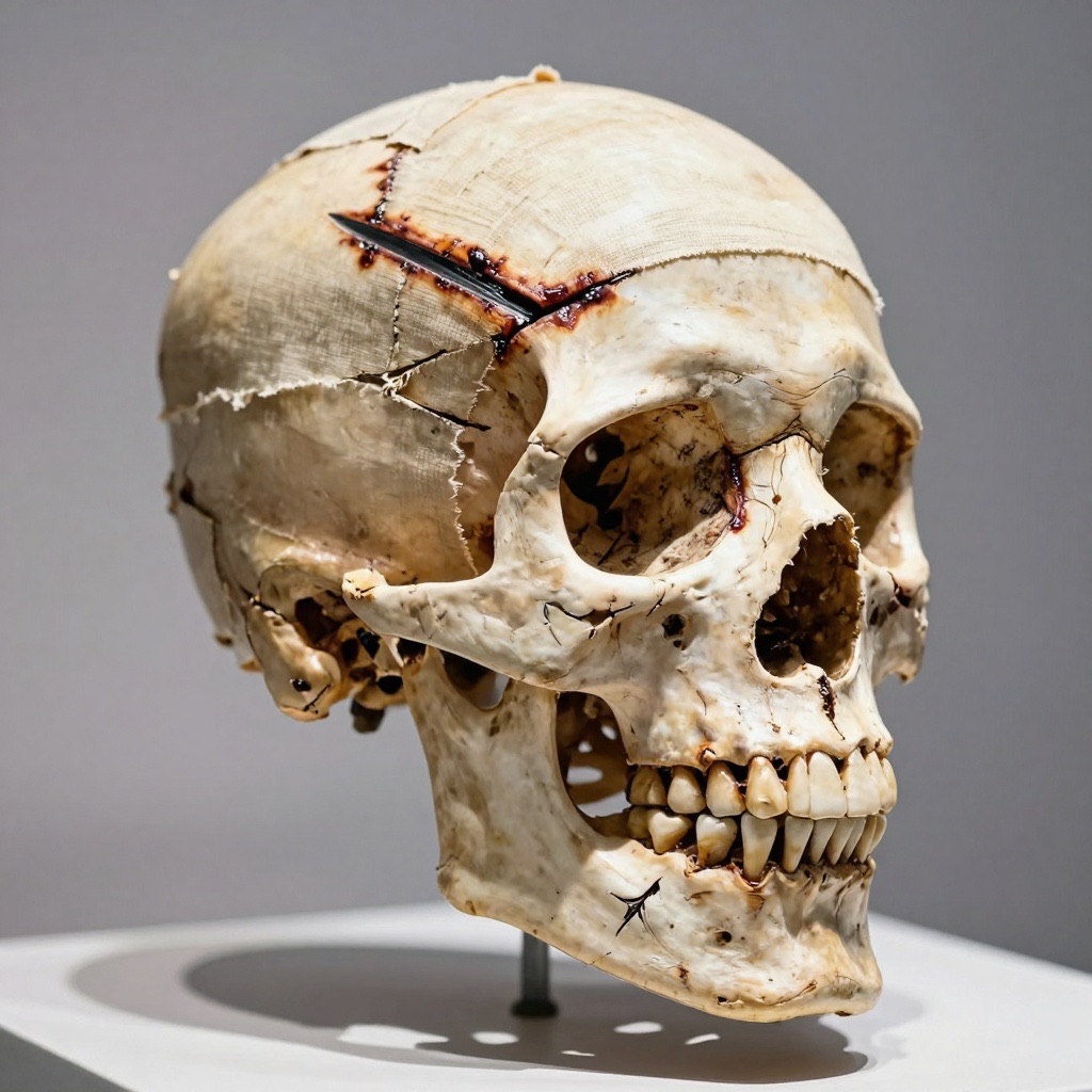 Extreme close-up of Seqenenre Tao's mummified skull showing severe head trauma from multiple weapons, with dark brown desiccated skin stretched over bone and ancient linen wrappings, forensic evidence preserved for 3,500 years