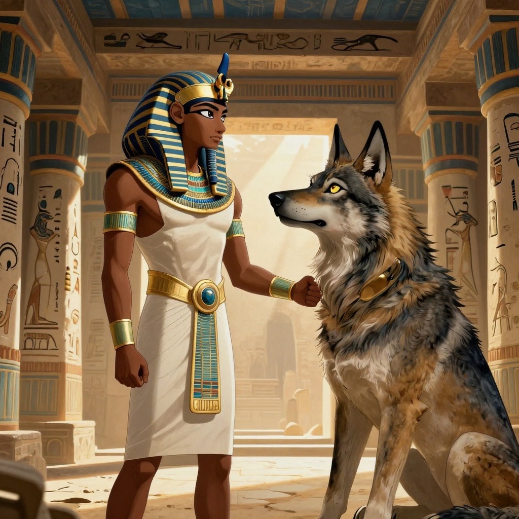 Young Ahmose I in a Wepwawet temple, dark-skinned Egyptian man in early 20s with nemes headdress