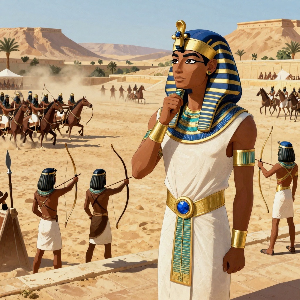 Fortified city of Sharuhen surrounded by Egyptian siege camp in rocky Canaanite terrain