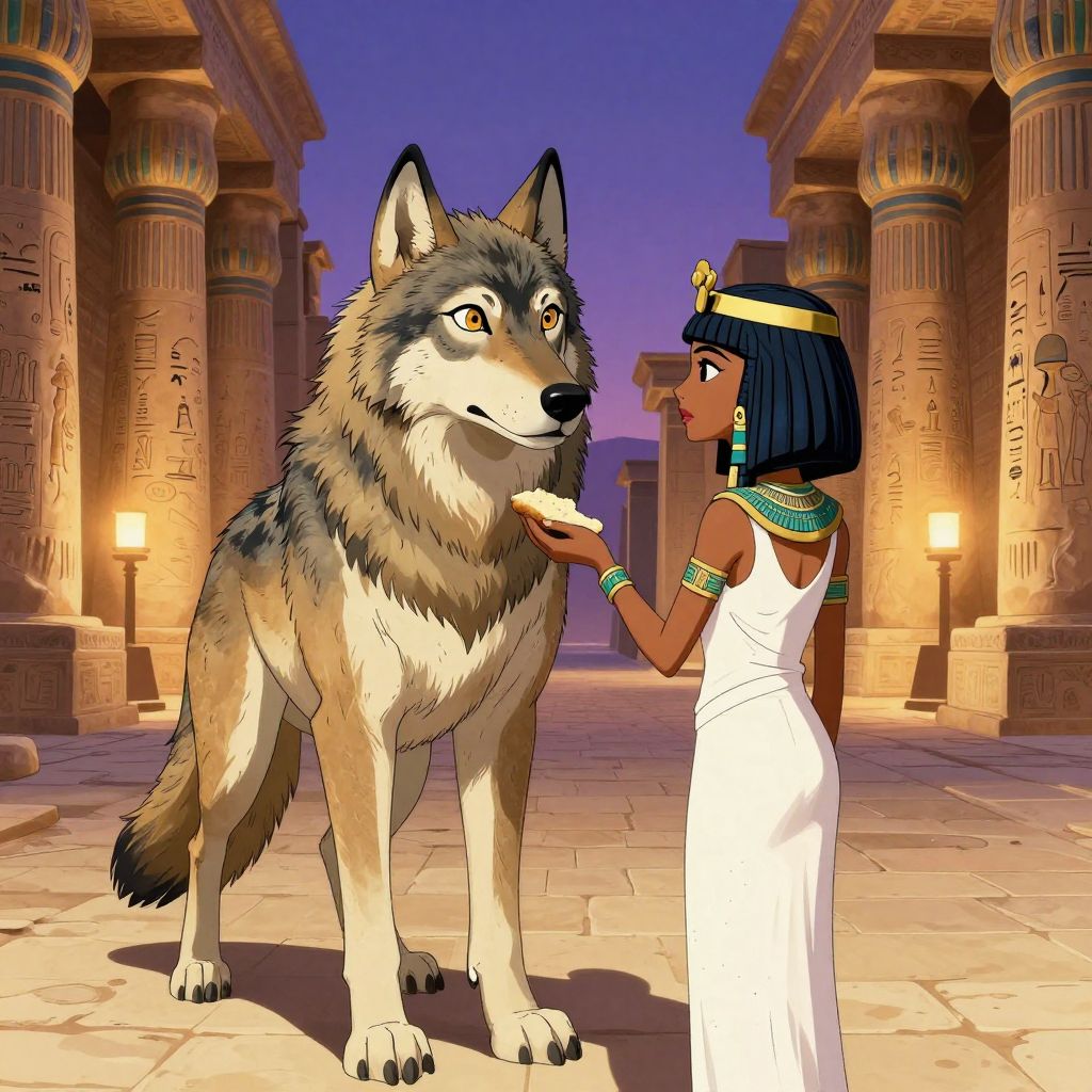 Hatshepsut in simple white linen offering bread to Lumo in a temple courtyard at twilight, showing her humanity before claiming the throne