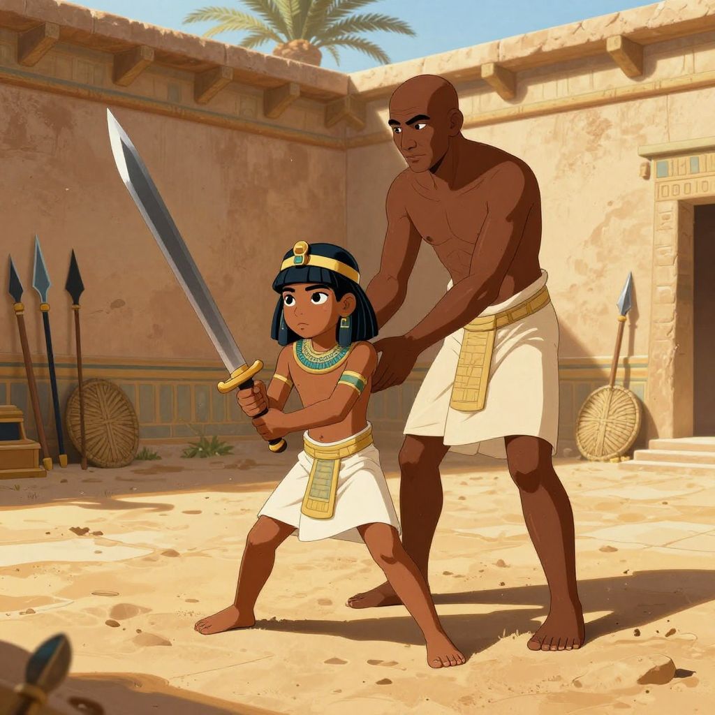 Young Thutmose III training with a wooden sword under brutal sun, sweating and exhausted but determined