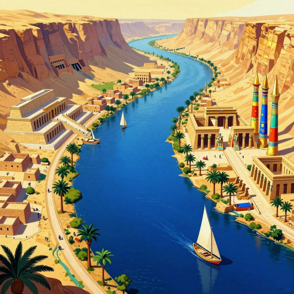 Panoramic view of Thebes showing the Nile River, Karnak temple complex, and the empire Hatshepsut controlled