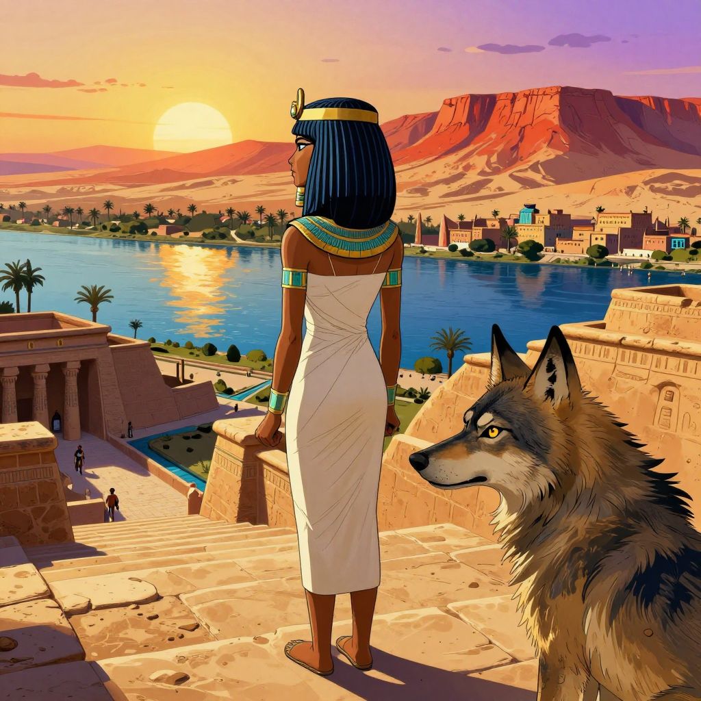 Panoramic view of Thebes showing the Nile River, Karnak temple complex with obelisks, and Hatshepsut's mortuary temple at Deir el-Bahri carved into desert cliffs