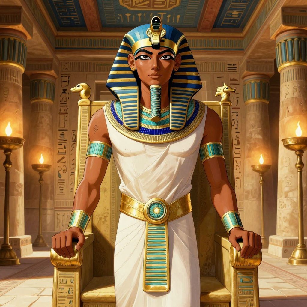 Thutmose III in the throne room, hands gripping the throne armrests, eyes blazing with cold determination