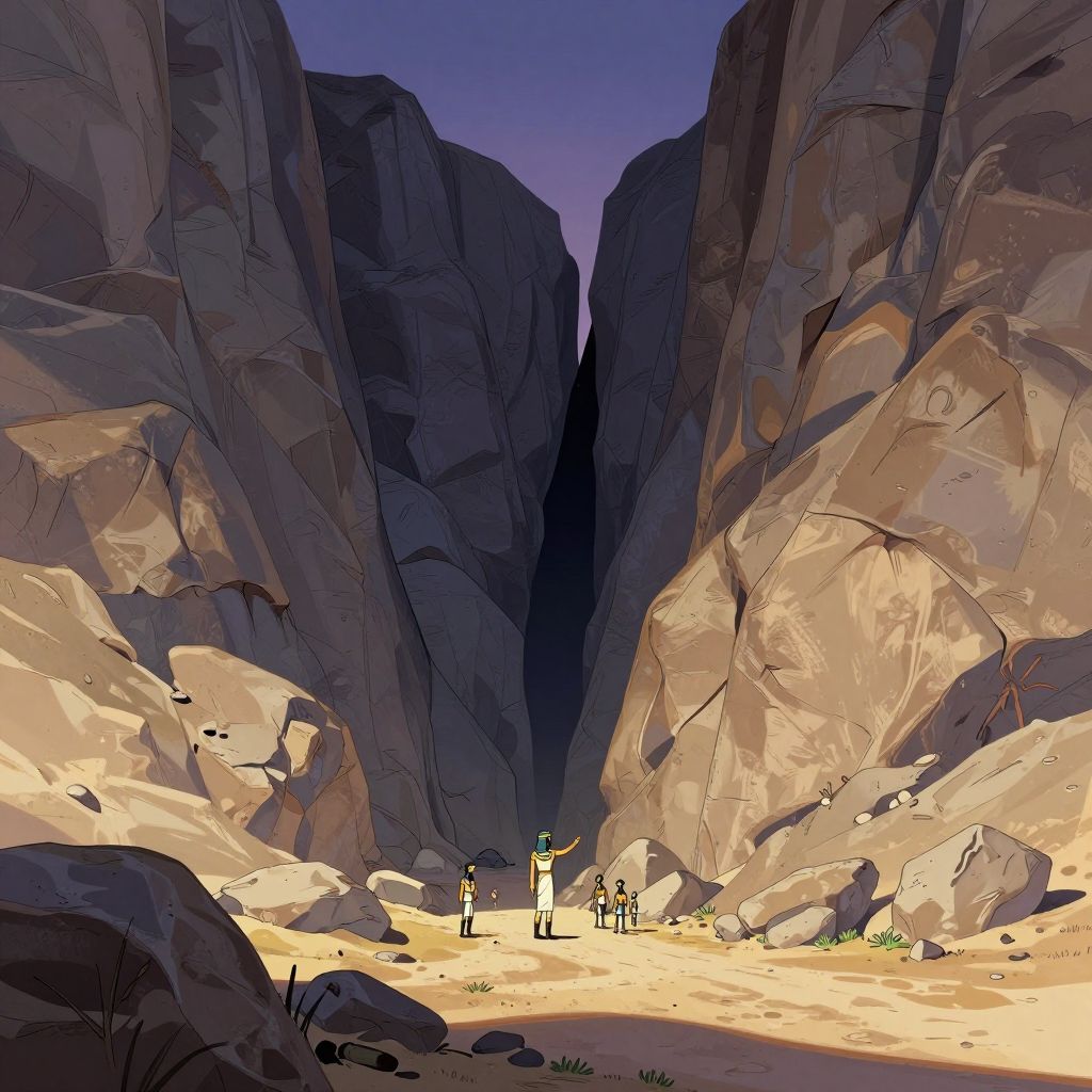 Narrow entrance to the Aruna mountain pass, with towering cliff walls creating a threatening dark slash in the mountain face