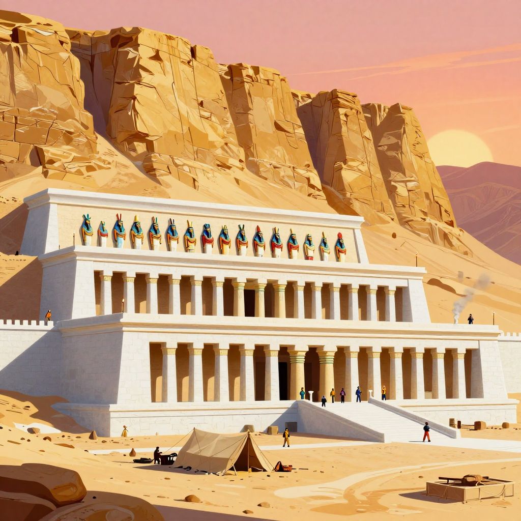 Deir el-Bahri temple at dawn with workers setting up camps and beginning defacement work on the colonnades