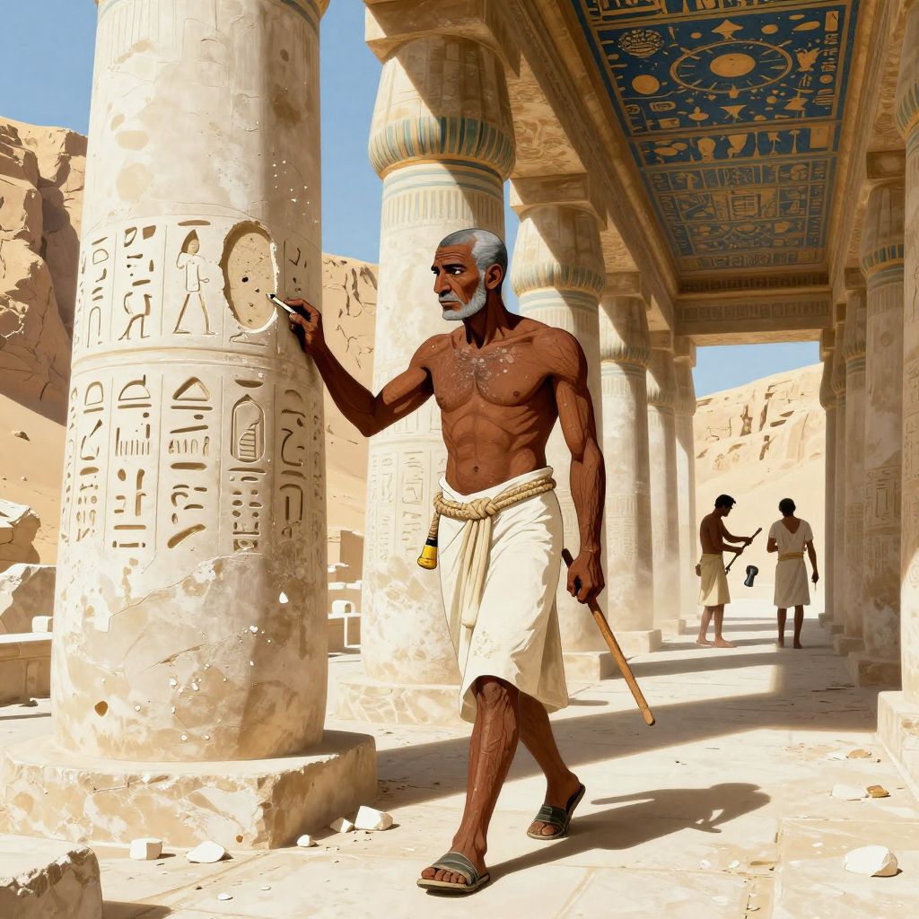 Egyptian worker using bronze chisel to remove Hatshepsut's face from an Osiride statue at Deir el-Bahri