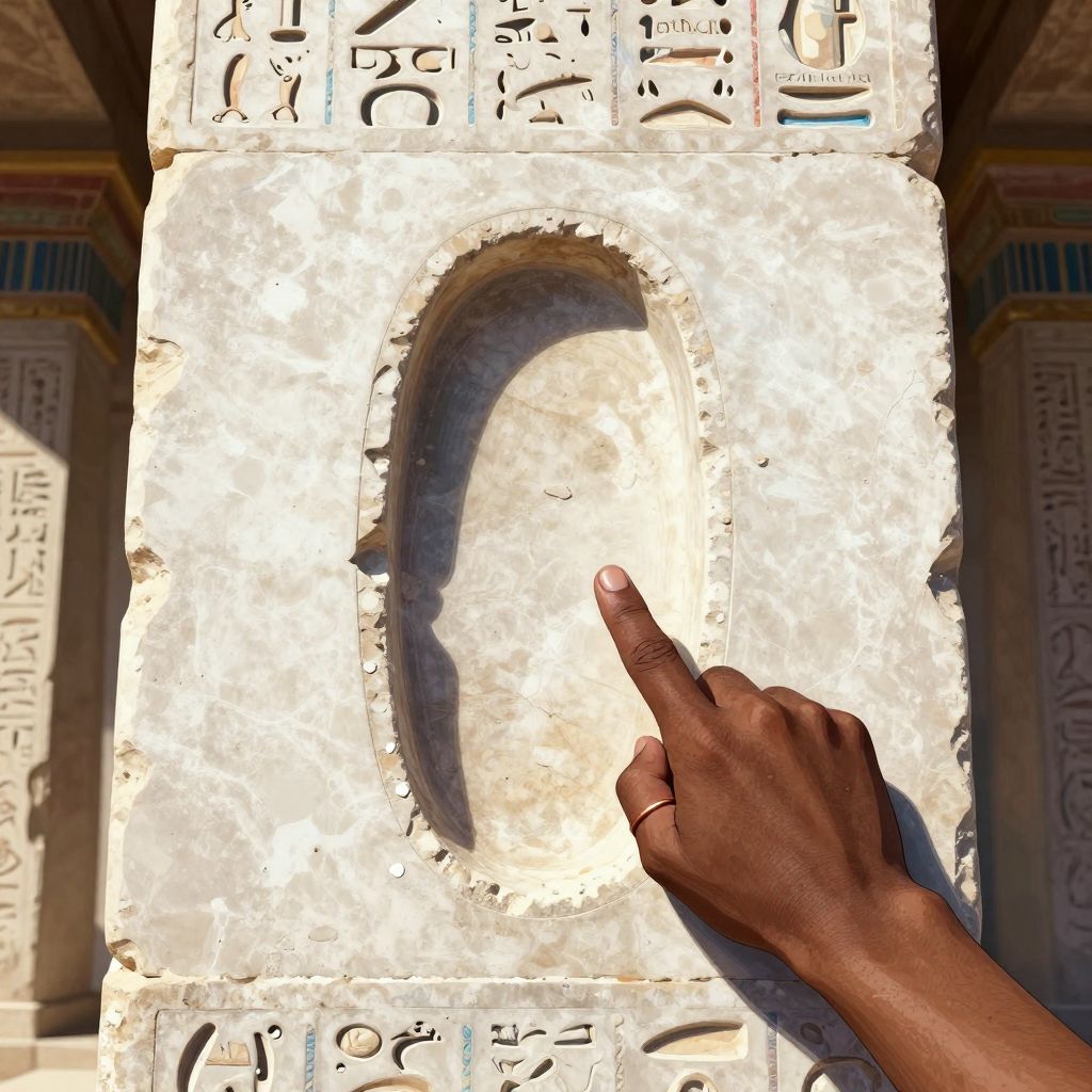 Close-up of a limestone column showing an empty cartouche where hieroglyphs have been chiseled away, with traces of red and blue paint at the margins