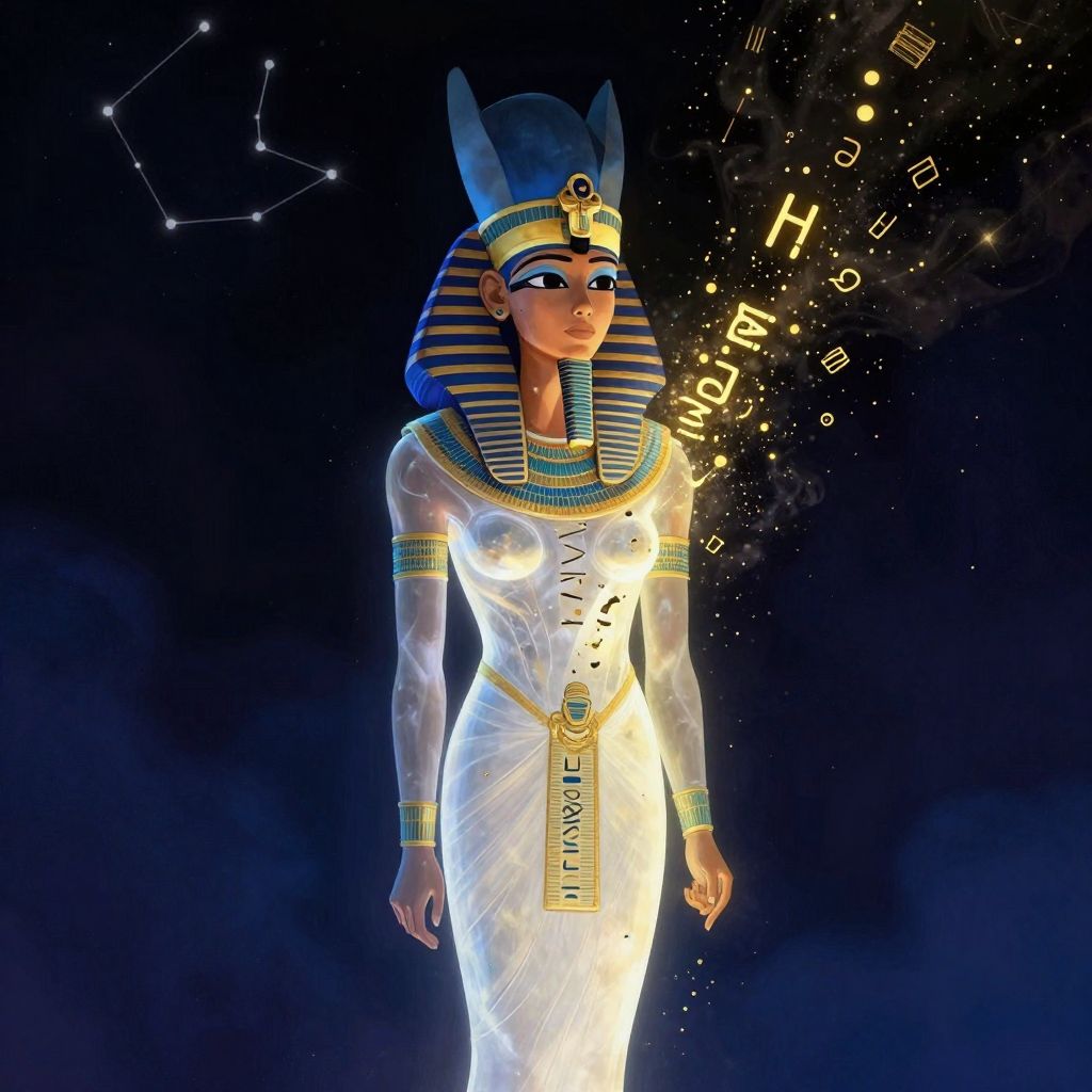 Spiritual representation of a ghostly figure dissolving, hieroglyphic symbols of a cartouche breaking apart and fading into darkness