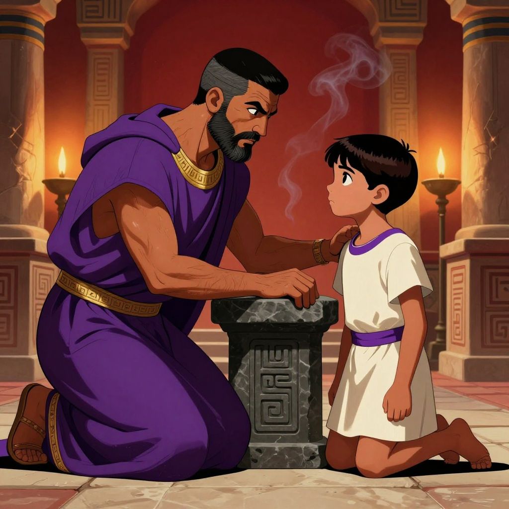 Young Hannibal kneeling beside his father Hamilcar at a Carthaginian temple altar, hand placed on the stone as he swears the oath