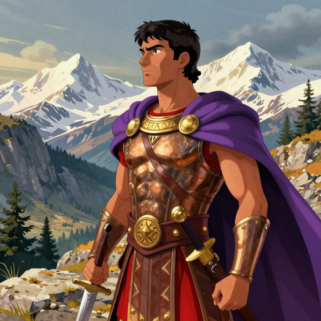 Hannibal standing on a rocky outcrop, gazing north toward distant snow-capped Alpine peaks