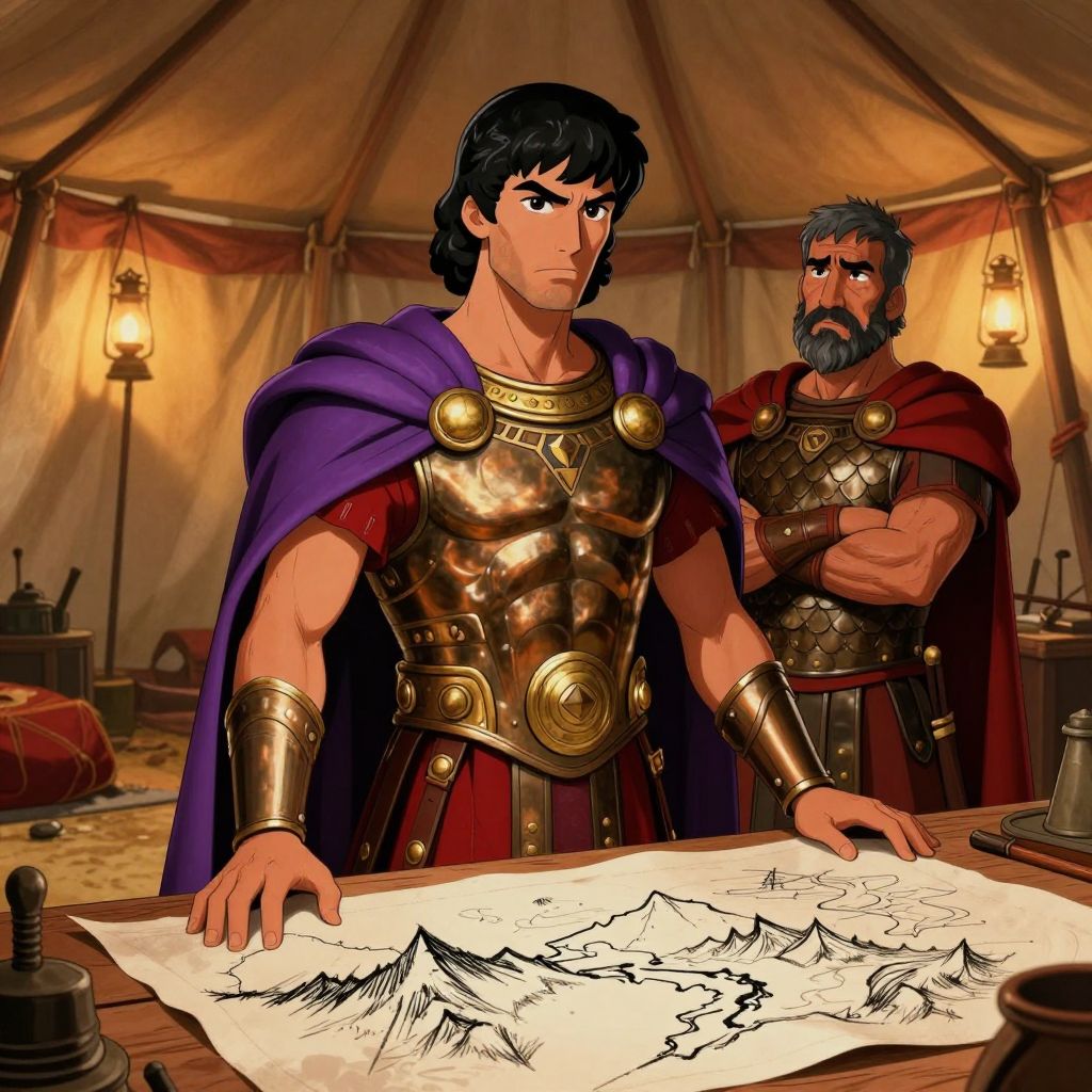 Hannibal in his command tent at night, pointing at a crude map showing mountains