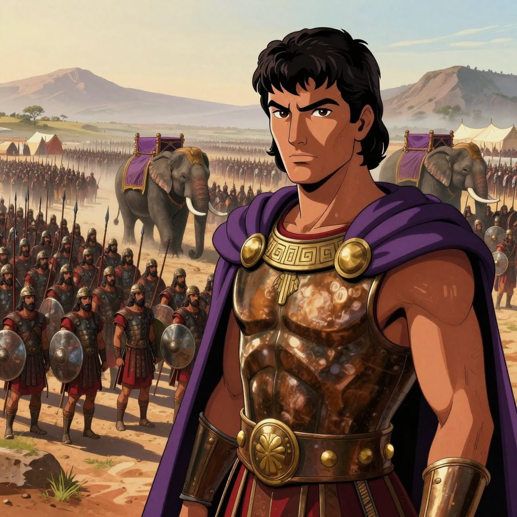 Vast Carthaginian army with elephants preparing to march, morning mist rising