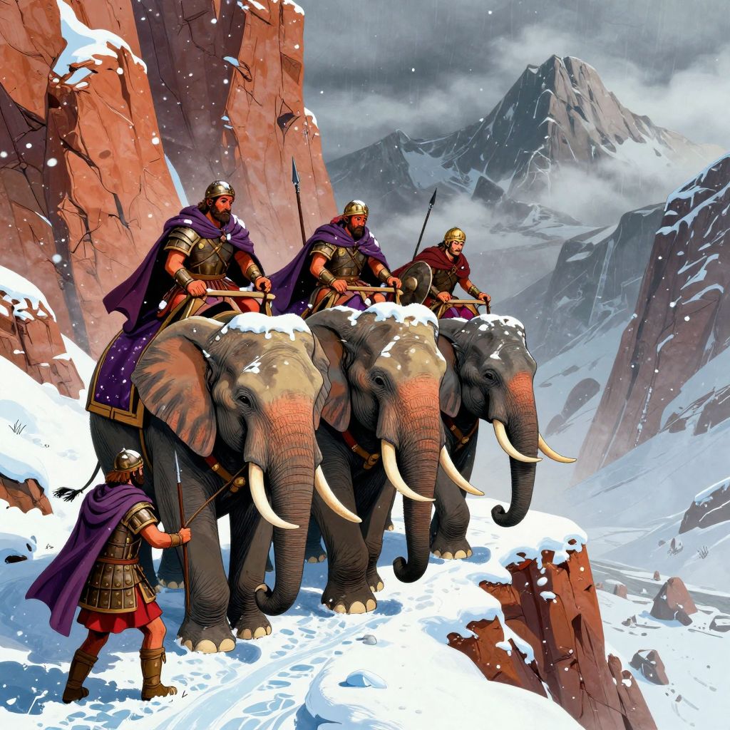 War elephants struggling on a narrow icy mountain path, Carthaginian soldiers braving the treacherous Alpine crossing