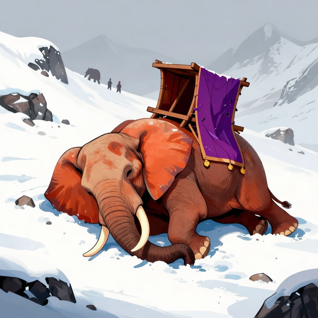 Hannibal on hands and knees, personally moving rocks from a blocked mountain path