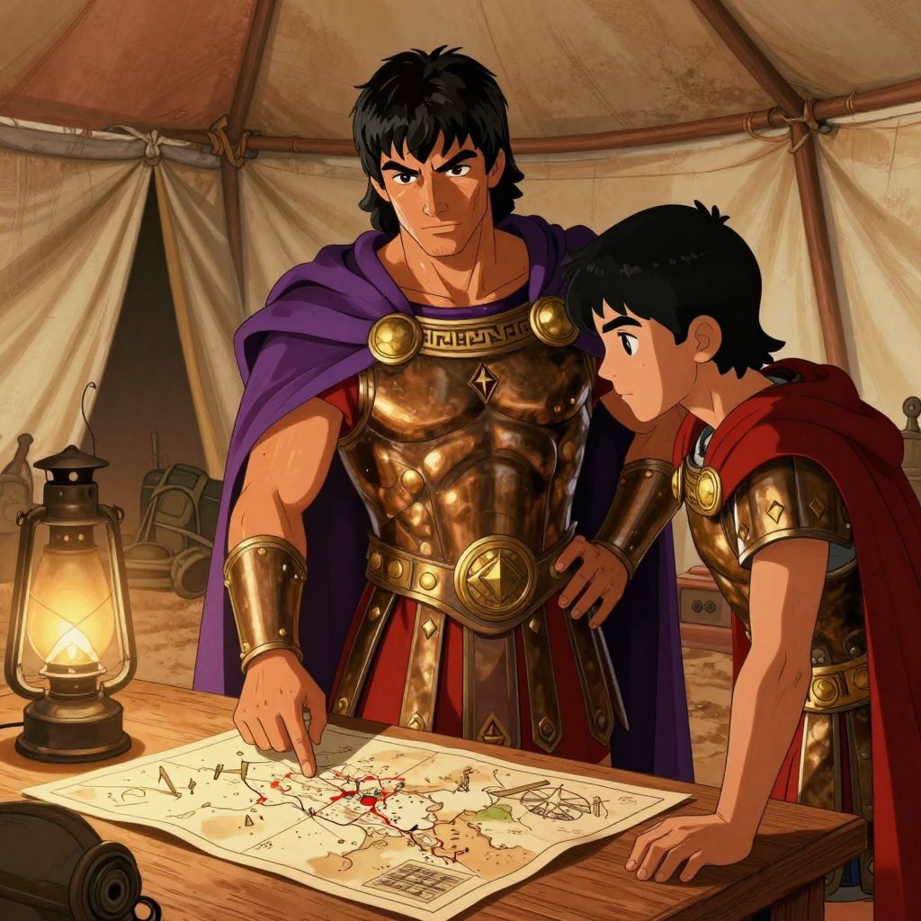 Hannibal and his brother Mago in a command tent at night, studying a battle map by oil lamp light
