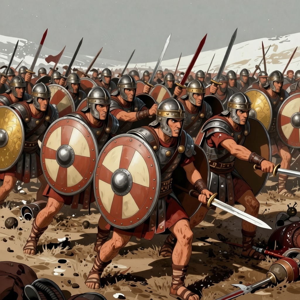 Carthaginian ambush force exploding from concealed positions in the brush, cavalry and infantry charging shocked Roman formations