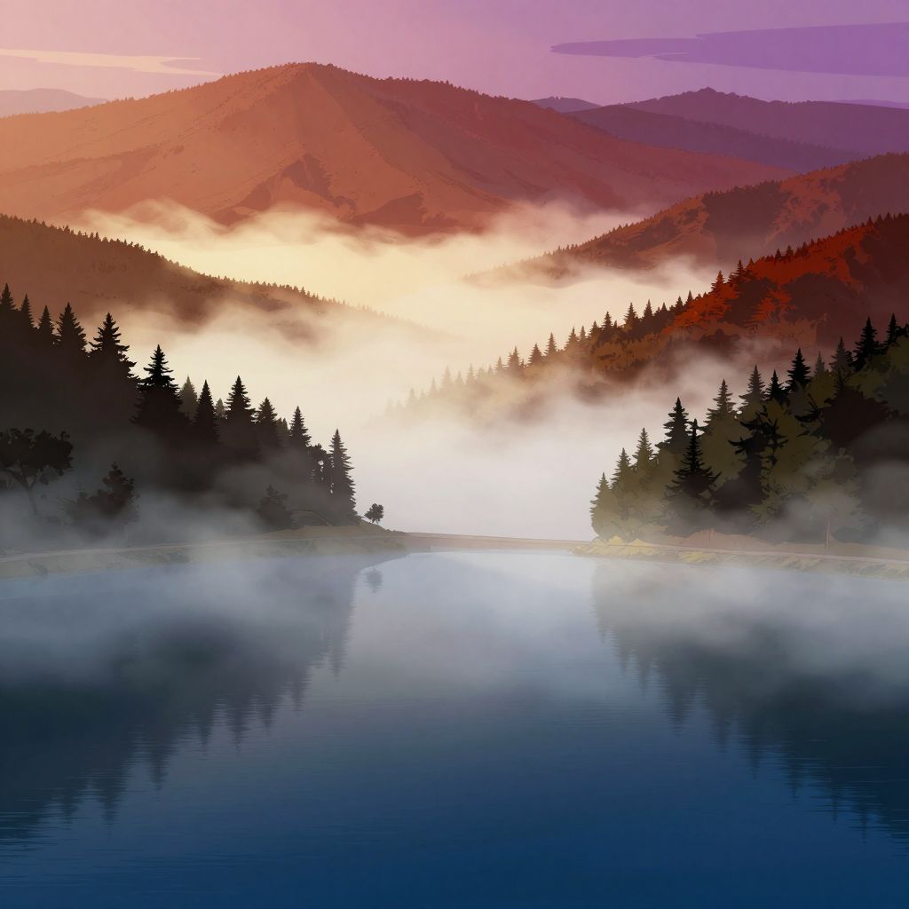 Wide panoramic view of Lake Trasimene at dawn with thick morning fog hovering over the water and forested hillsides rising on both sides