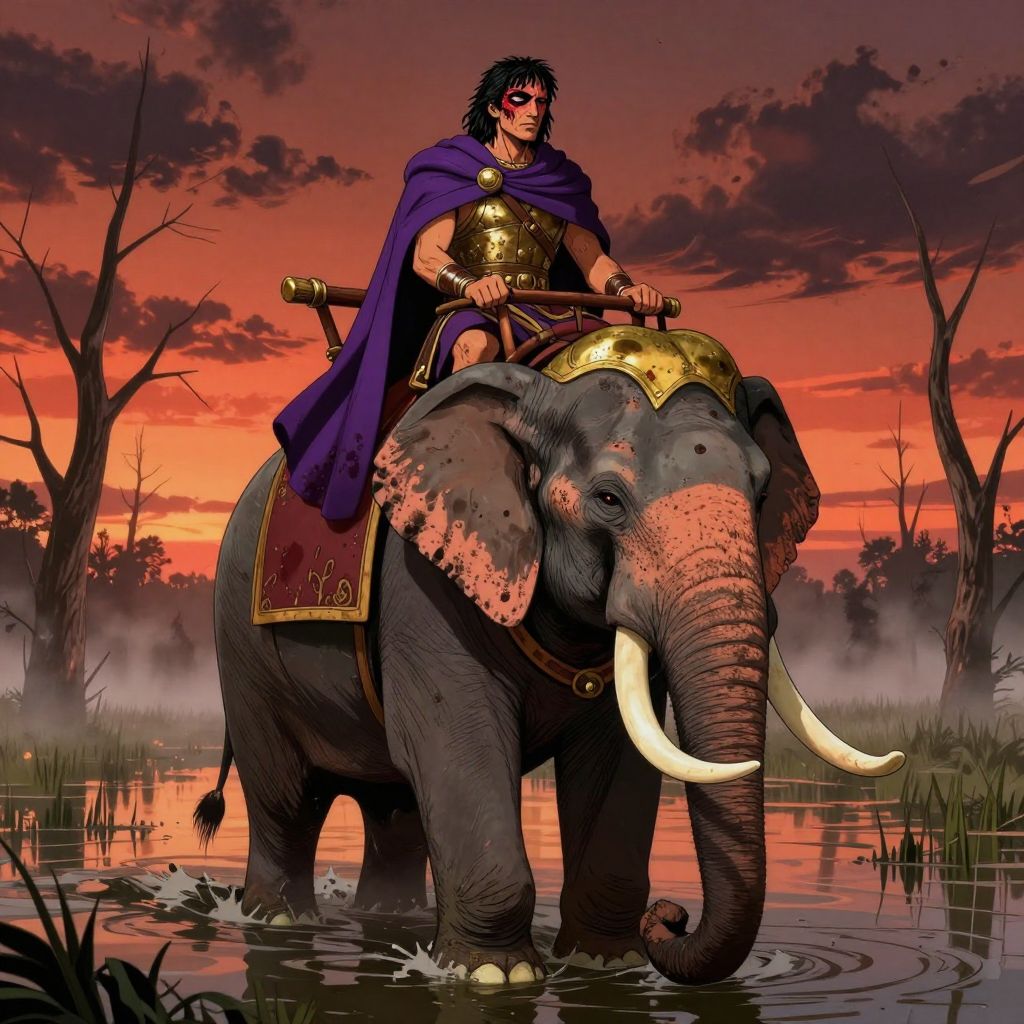 Hannibal on war elephant wading through flooded Arno marshes at twilight, his right eye swollen shut from infection