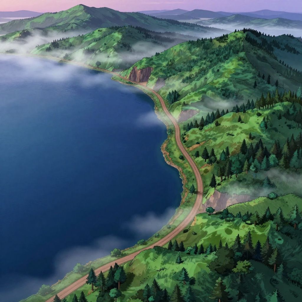 Bird's-eye strategic view of Lake Trasimene battlefield showing the narrow road between mountains and lake