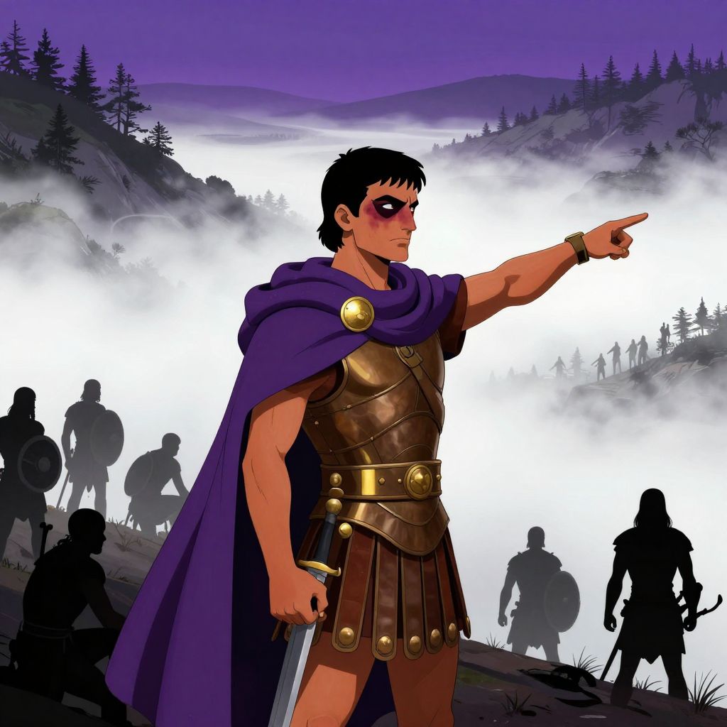 Half-blind Hannibal standing on hillside overlooking fog-filled valley, directing troop placement for the ambush