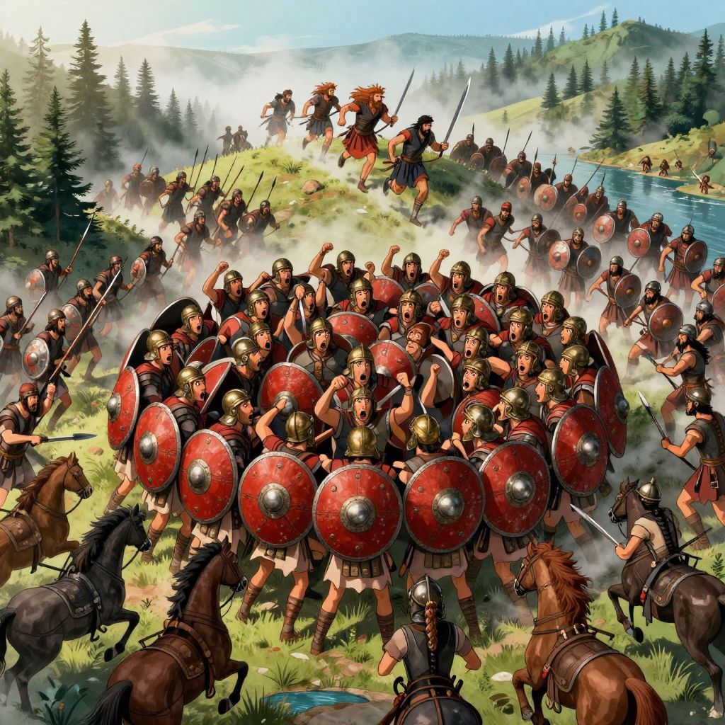 The moment the fog lifts revealing the trap — terrified Roman soldiers surrounded by Carthaginian forces attacking from all sides