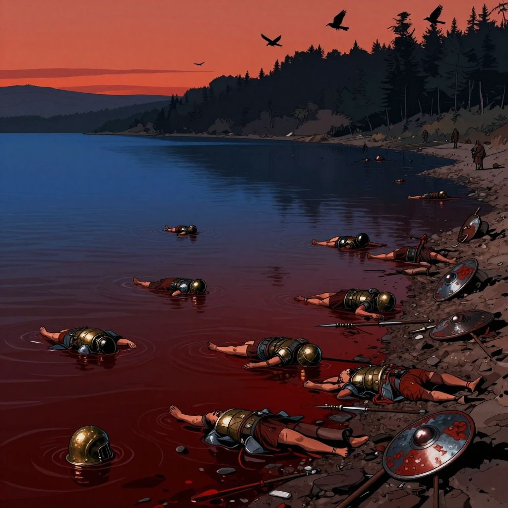 Roman Senate chamber in chaos with senators in simple togas shouting, gesturing wildly, showing fear and desperation