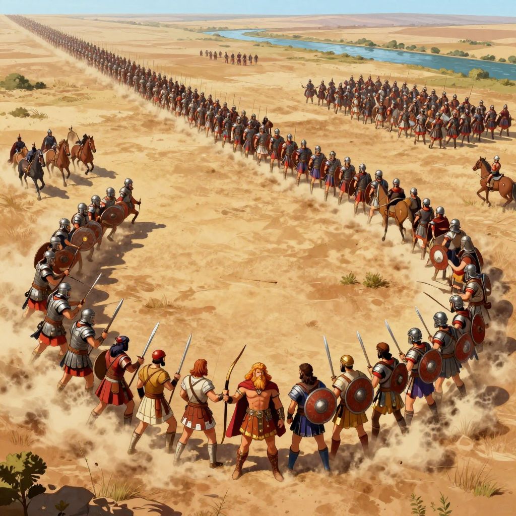 Bird's-eye view of Hannibal's crescent formation facing the massive Roman lines