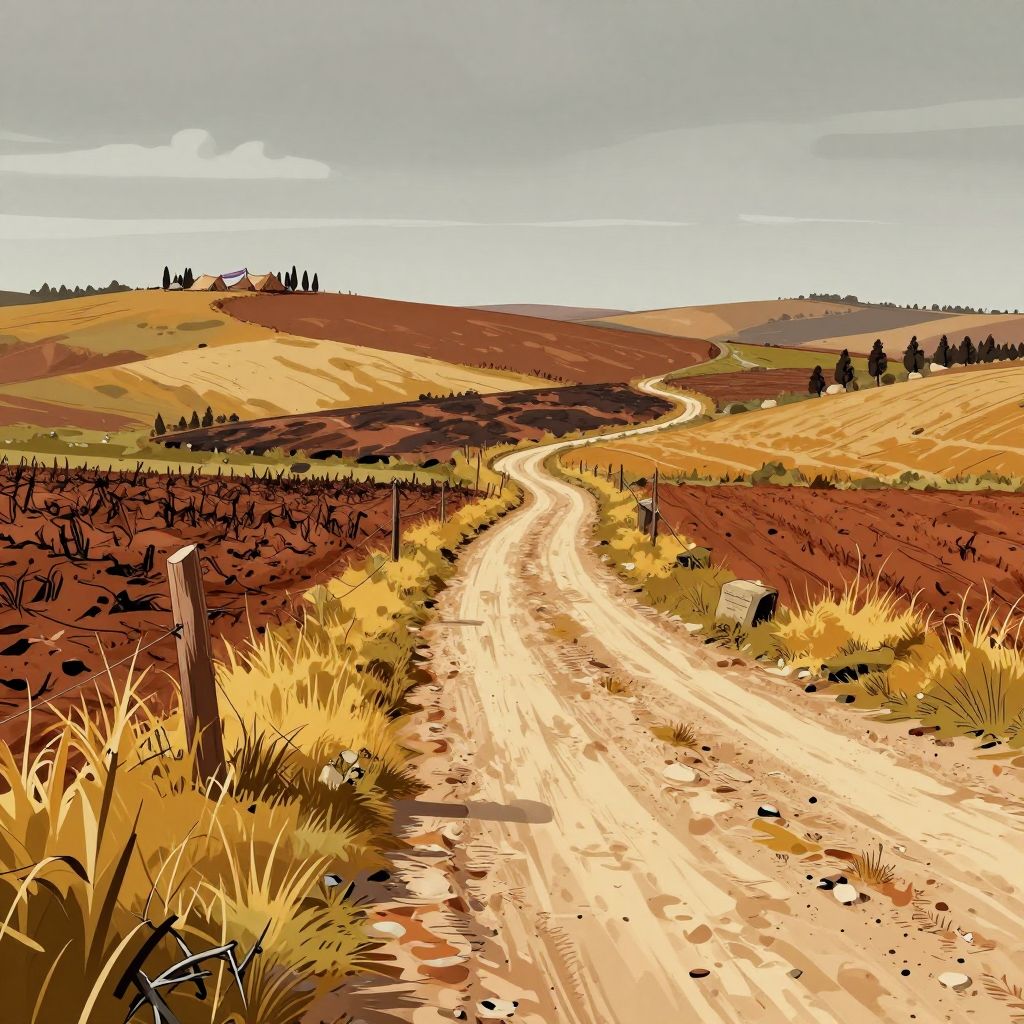 A weathered milestone on an Italian road, covered in moss and lichen, with distant Carthaginian camp barely visible against rolling hills