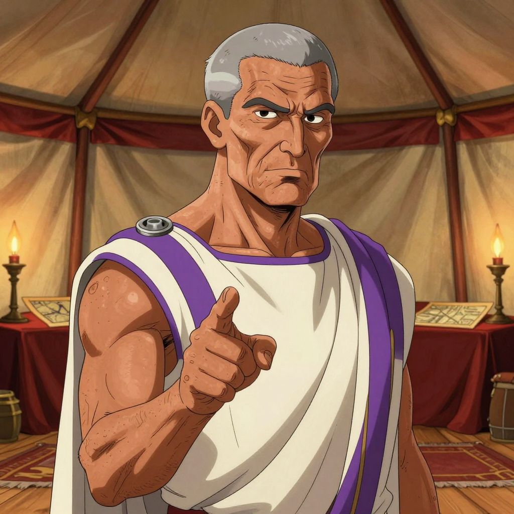 Fabius Maximus, an elderly Roman general with iron-gray hair and calculating eyes, pointing decisively in a military command tent