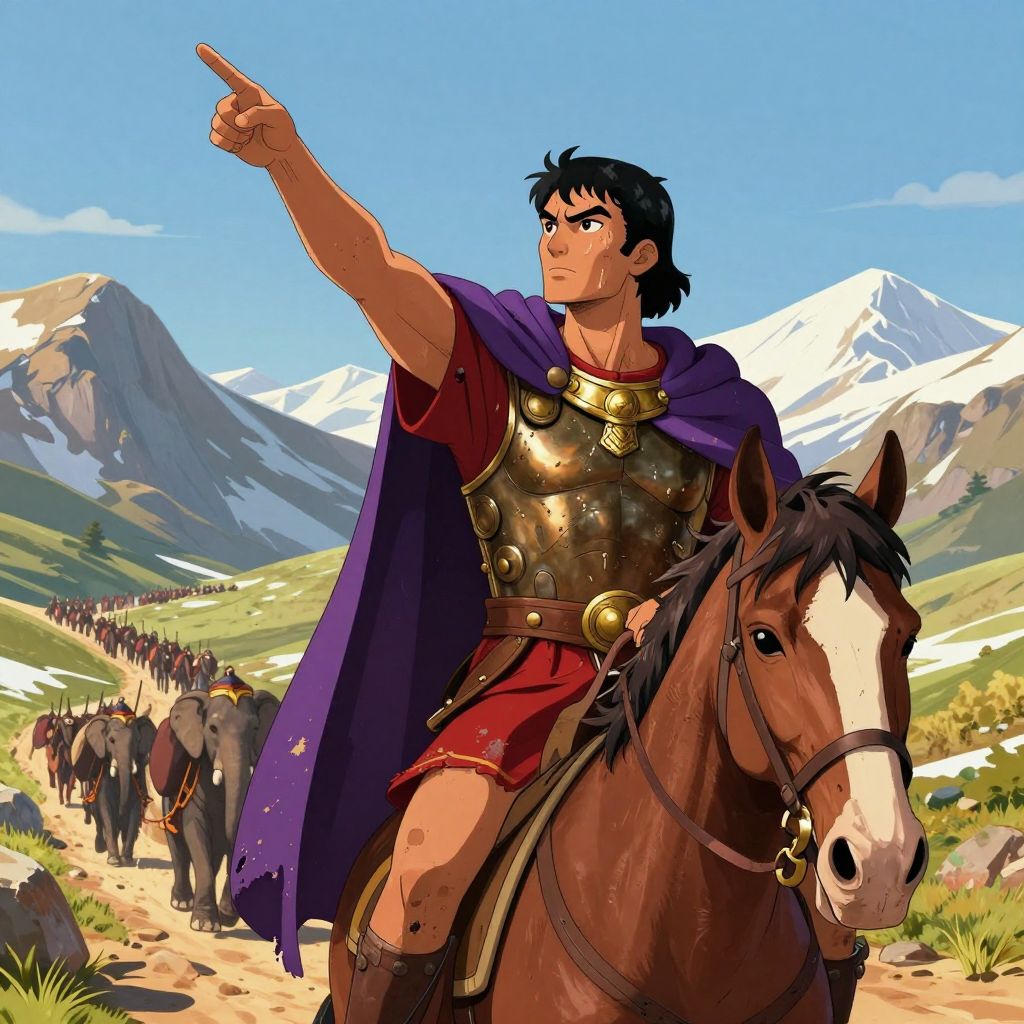 Hasdrubal Barca on horseback at the front of his army, emerging from the Alpine foothills, pointing south toward Italy