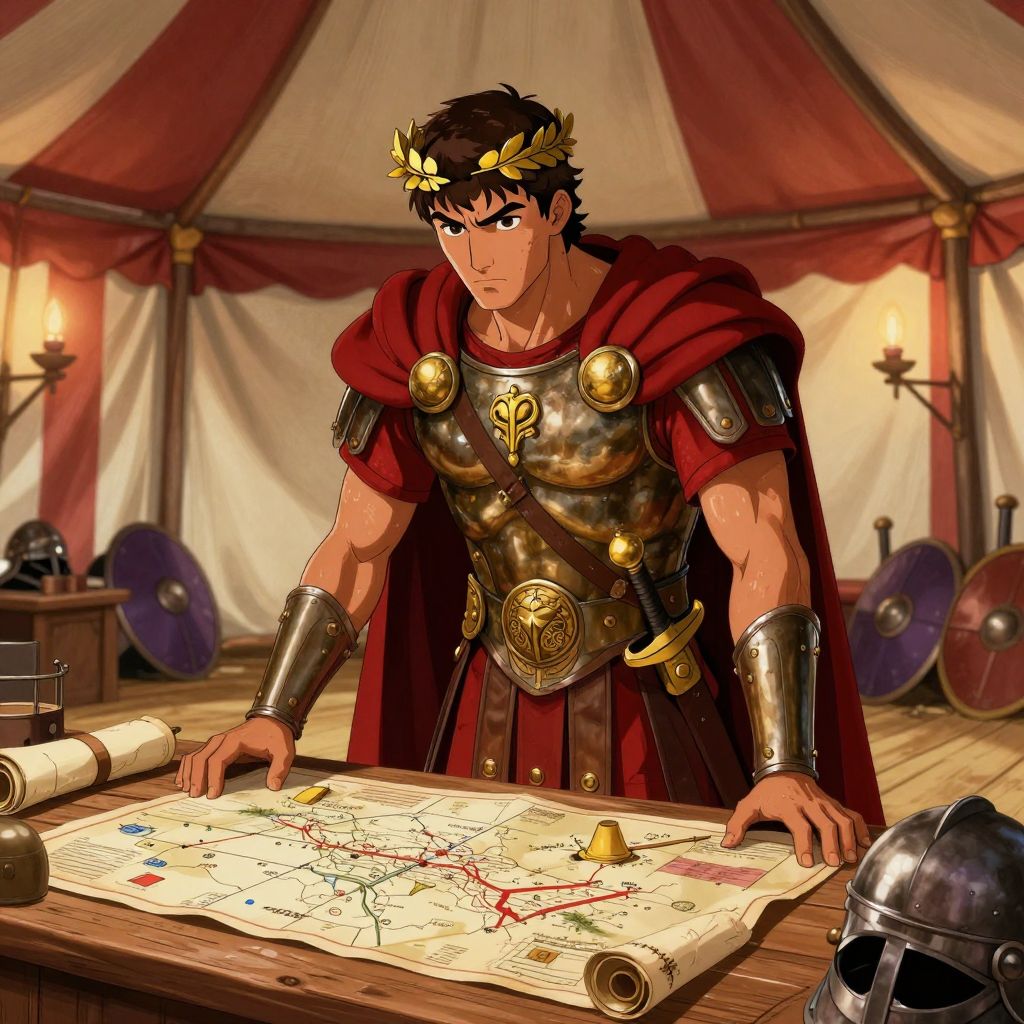 Scipio Africanus standing in Roman military command tent, studying tactical map spread on wooden table