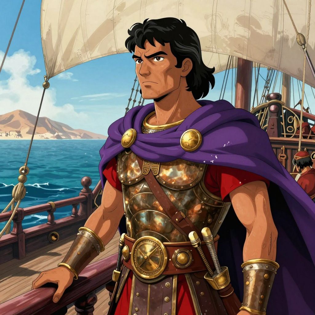 Hannibal on a ship deck, gripping the rail as he gazes toward the distant North African coastline