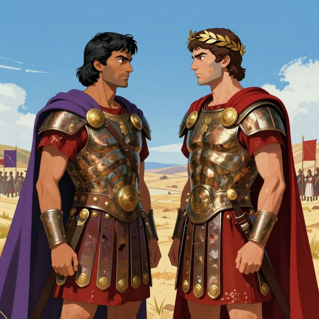 Two generals facing each other on North African plain, Hannibal and Scipio meeting before the Battle of Zama