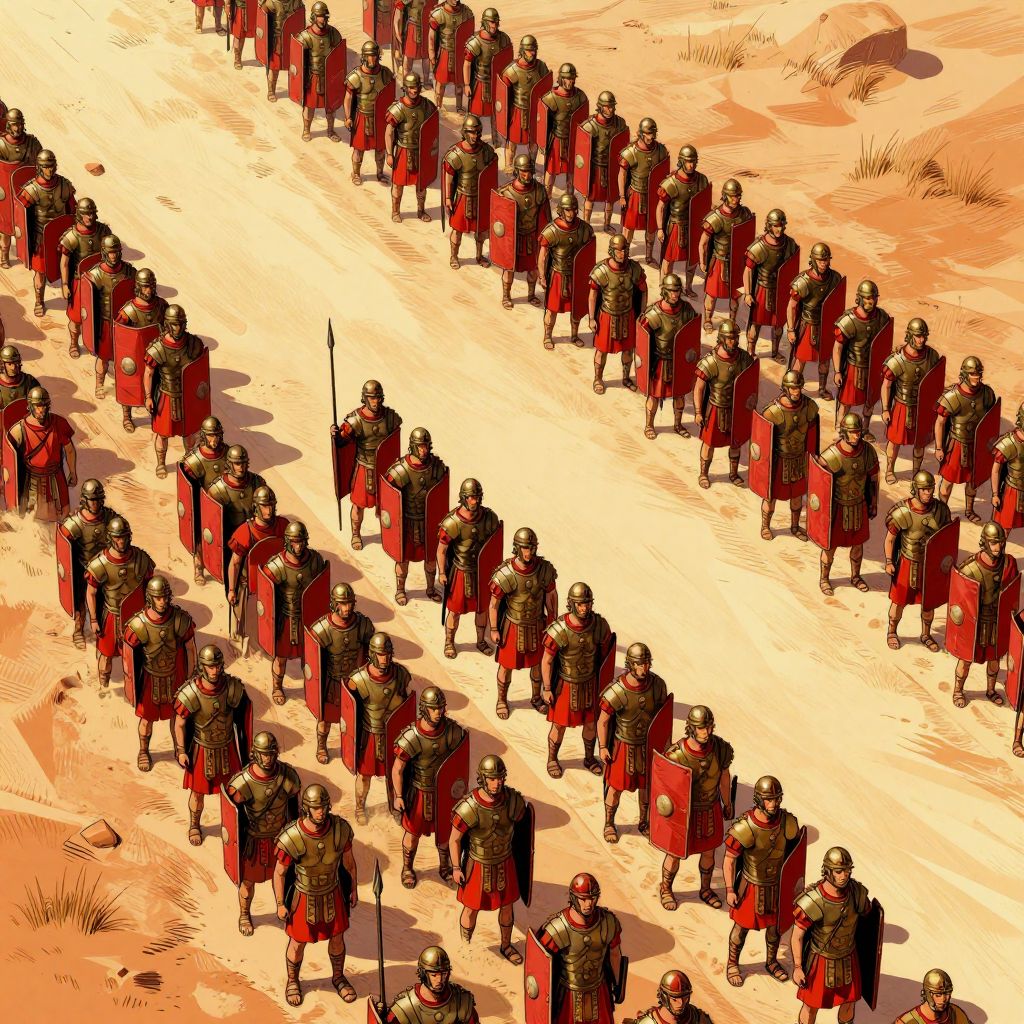 Roman infantry lines splitting open as war elephants charge through the gaps