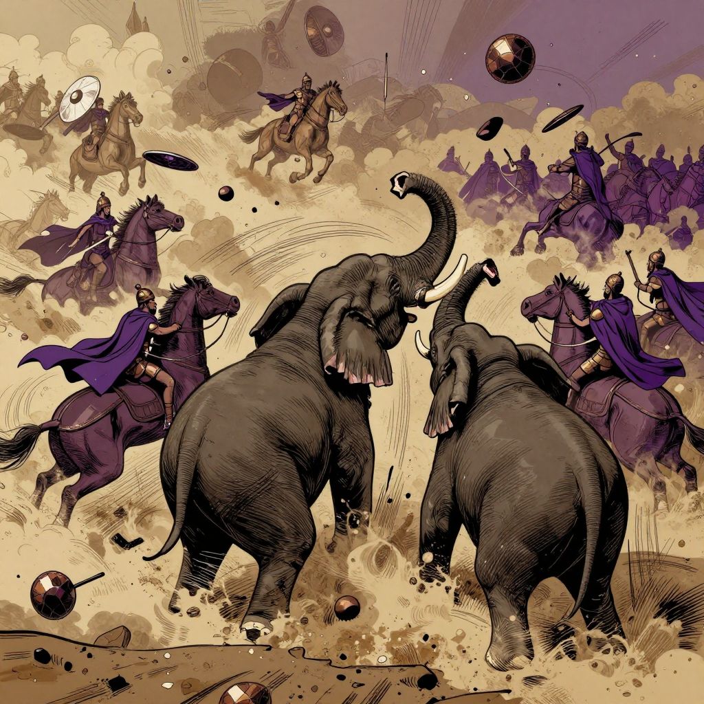 Hannibal on a slight rise overlooking the battlefield, watching the disaster unfold with an expression of controlled fury and recognition