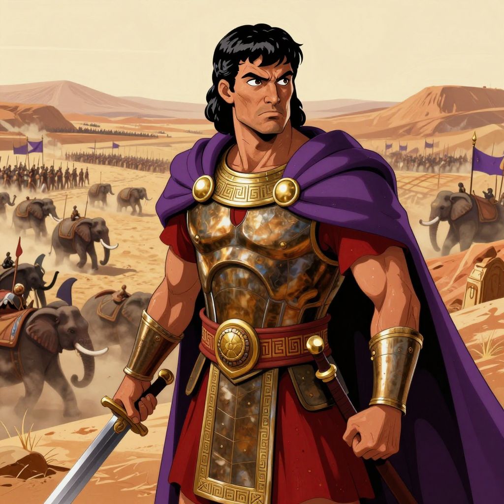 Carthaginian senators in somber robes, heads bowed, holding treaty scrolls in the empty senate chamber