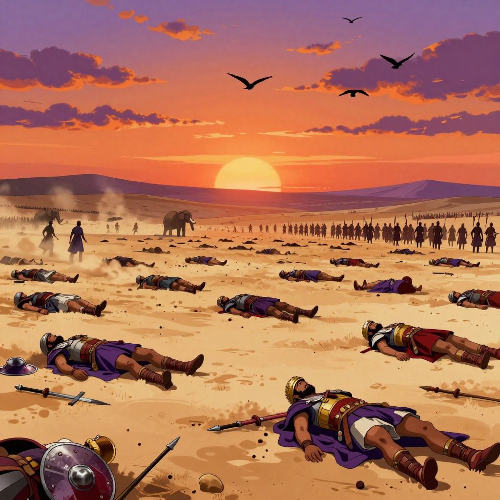 Battlefield at sunset aftermath with fallen soldiers scattered across the plain of Zama