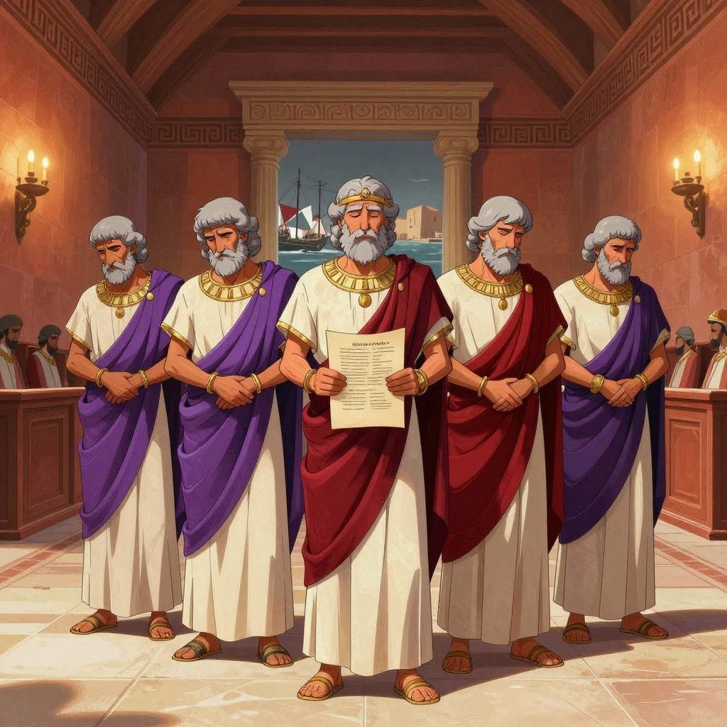 An aged Hannibal in civilian clothes standing in a doorway, looking back at Carthage one last time before exile