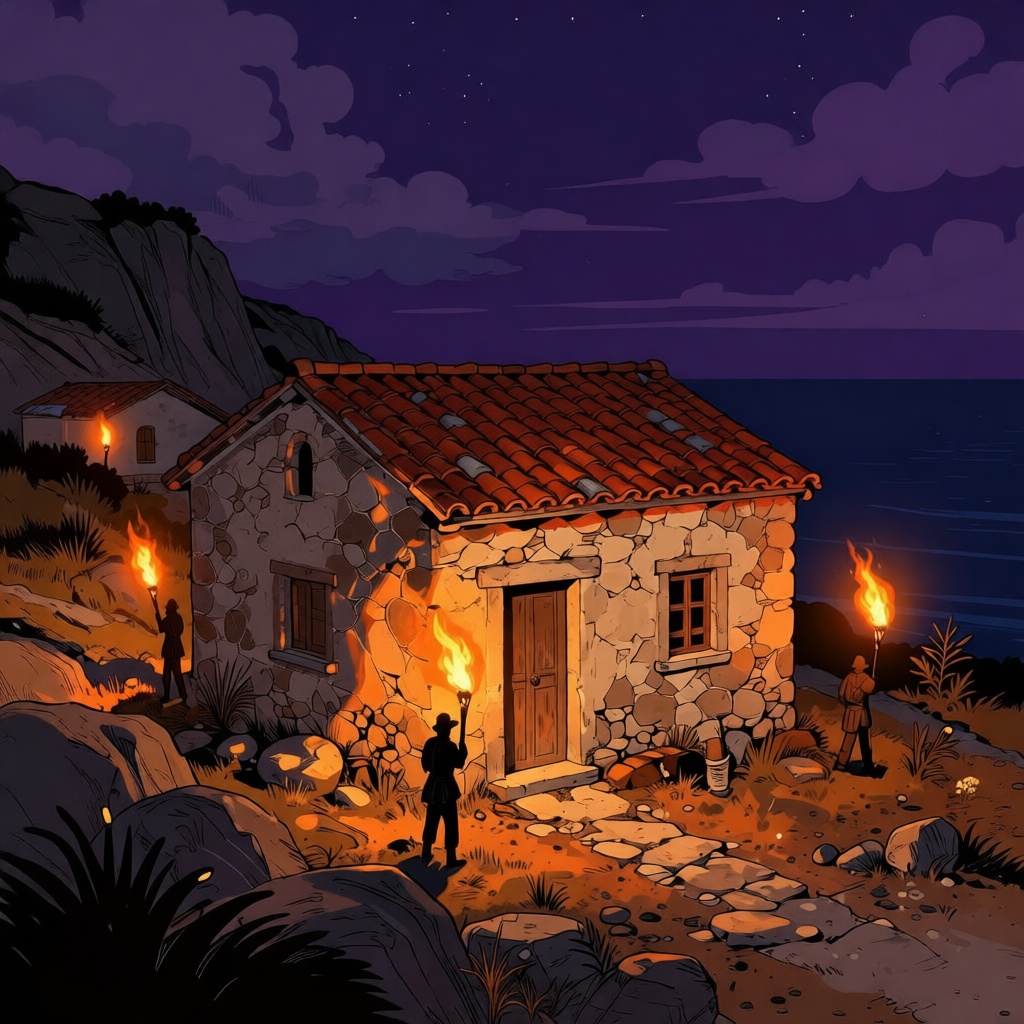 A modest stone house on a rocky Black Sea coastline at night, surrounded by torchlight from unseen soldiers