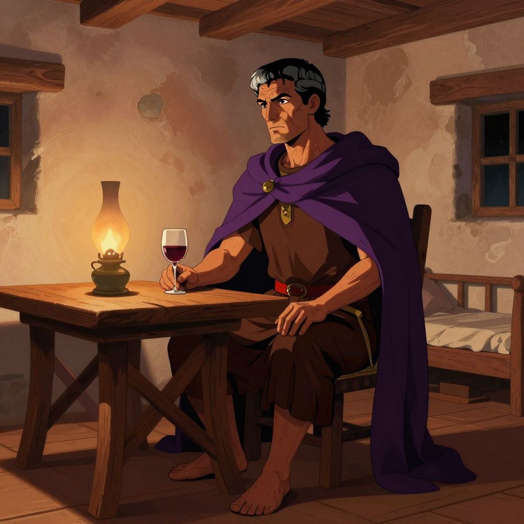 Sixty-four-year-old Hannibal sitting alone at a table, lit by a single oil lamp, a small vial and wine cup before him