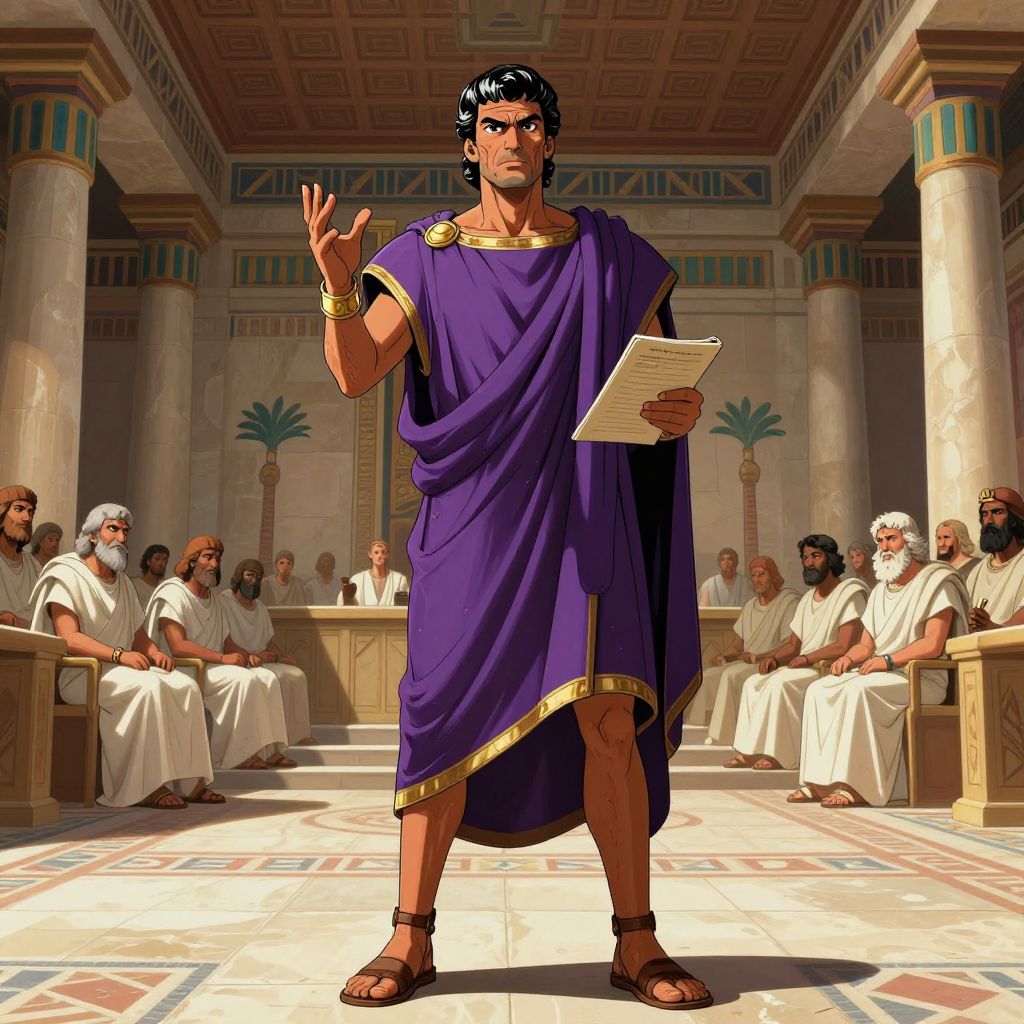 Middle-aged Hannibal standing before hostile Carthaginian senators in a grand council chamber