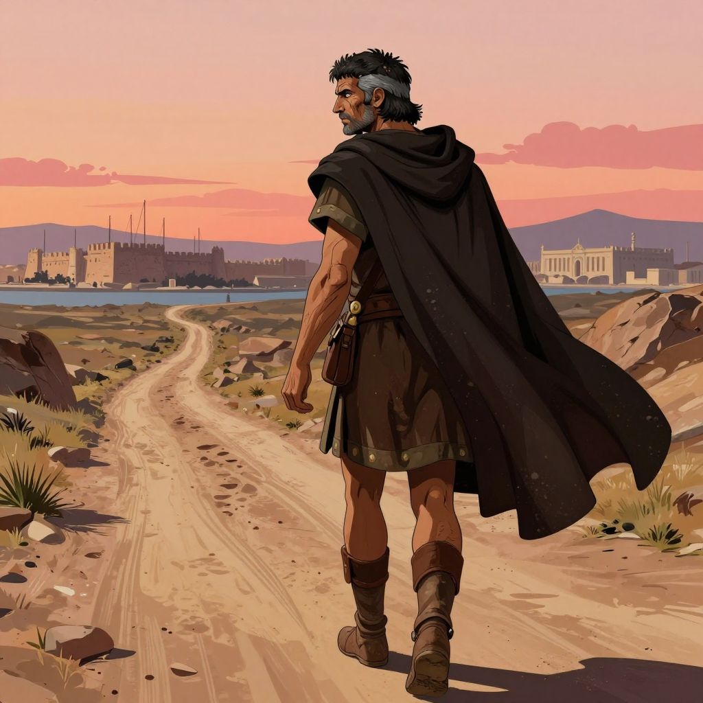 Hannibal walking away from Carthage at dawn, cloaked and alone on a dusty road