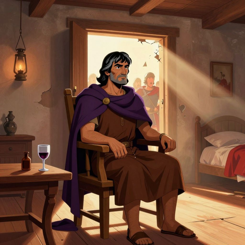 Hannibal holding a wine cup, looking directly forward with profound depth in his eyes, the weight of fifty-five years visible in his expression