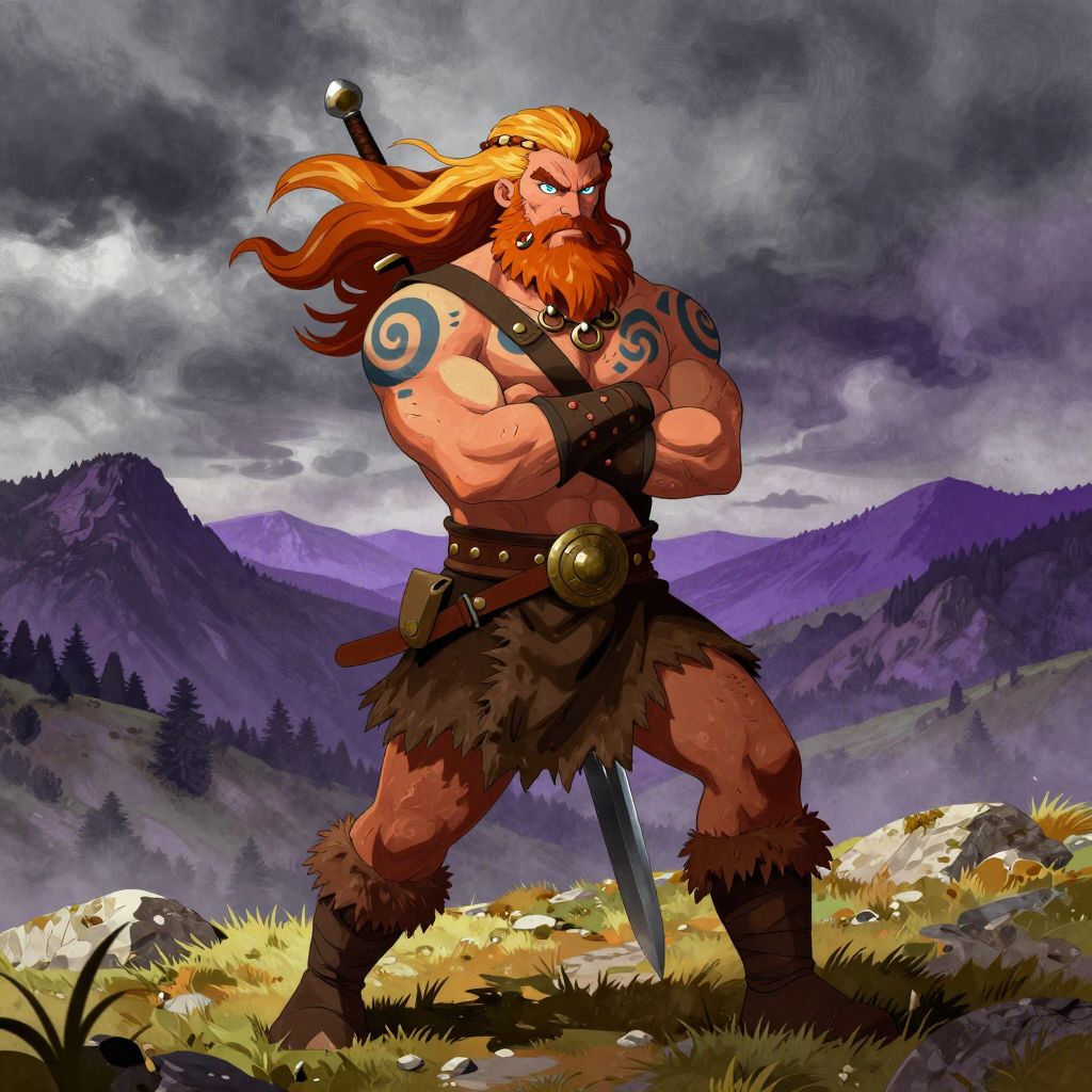Gaulish warrior standing on a hilltop silhouetted against stormy sky, arms crossed, long beard blowing in wind