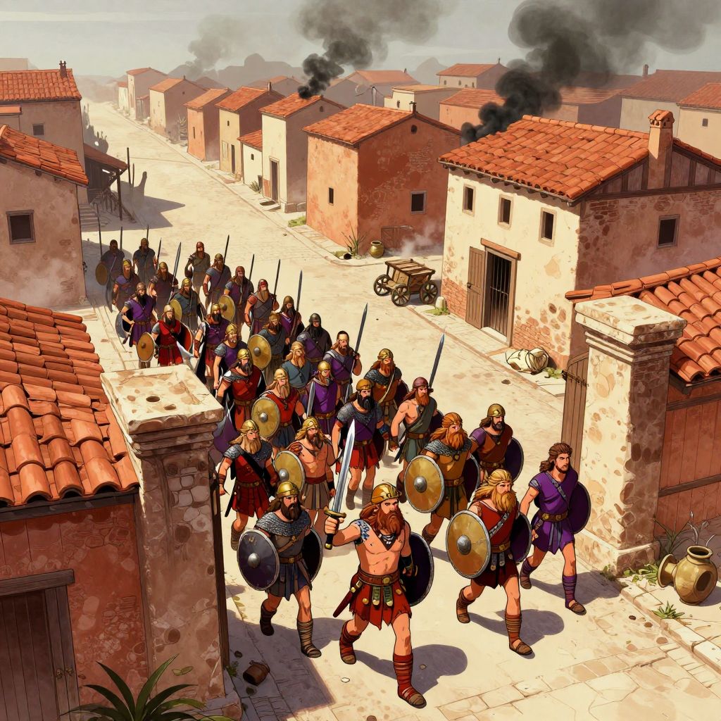 Elderly Roman senators seated in ivory chairs in the empty Forum, wearing ceremonial robes, waiting for death