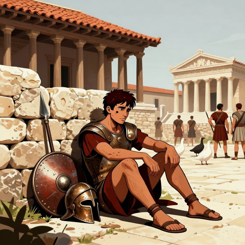 Sacred white geese honking in alarm at night, wings spread, as Gaulish warrior's hand appears at cliff edge