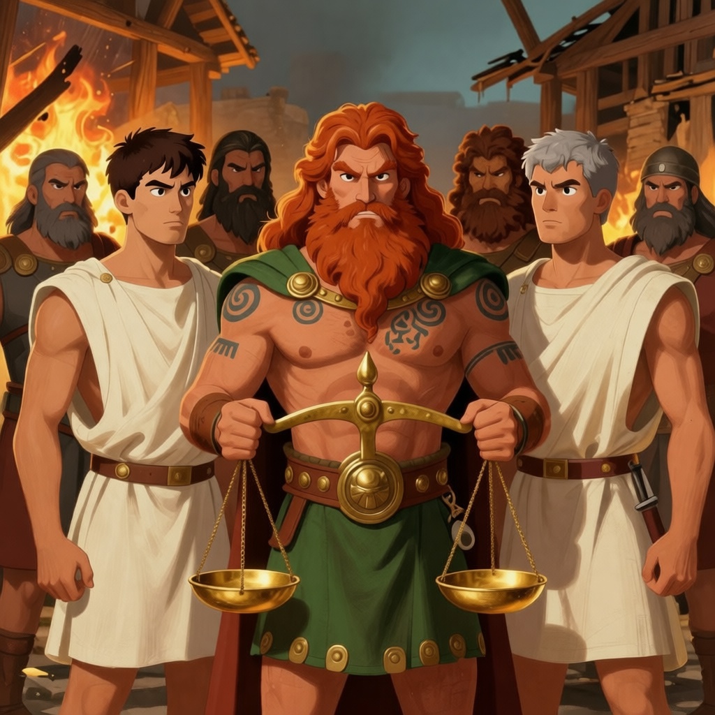 Brennus and Roman senators in the Forum, gold piled on bronze scales, tense standoff